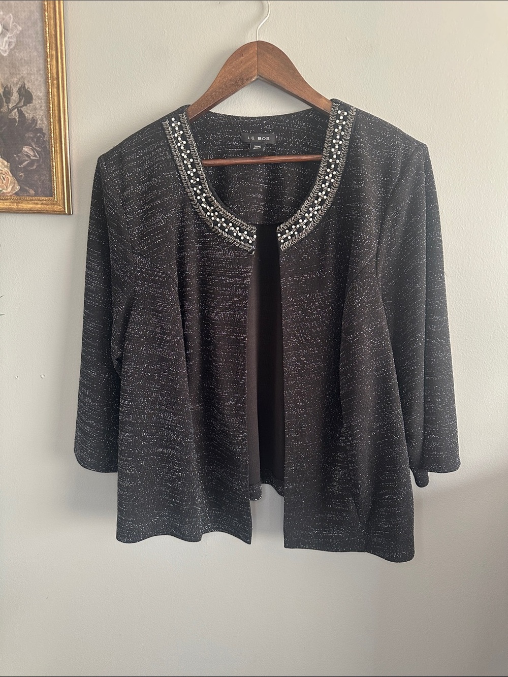Le Bos 20W Black Metallic Beaded Evening Jacket Open Front Plus Size - Picture 3 of 7